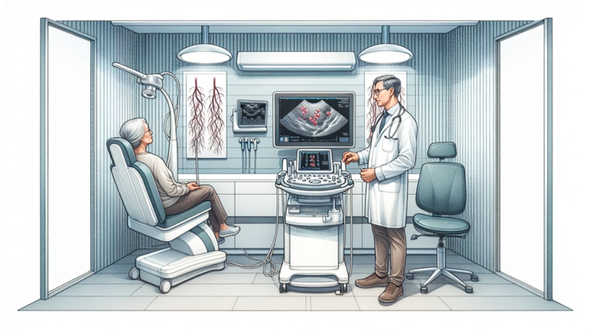 Aquarellbild eines modernen angiologischen Untersuchungsraums in Wedel mit einem Arzt, der einer Patientin die Ultraschallergebnisse erklärt.