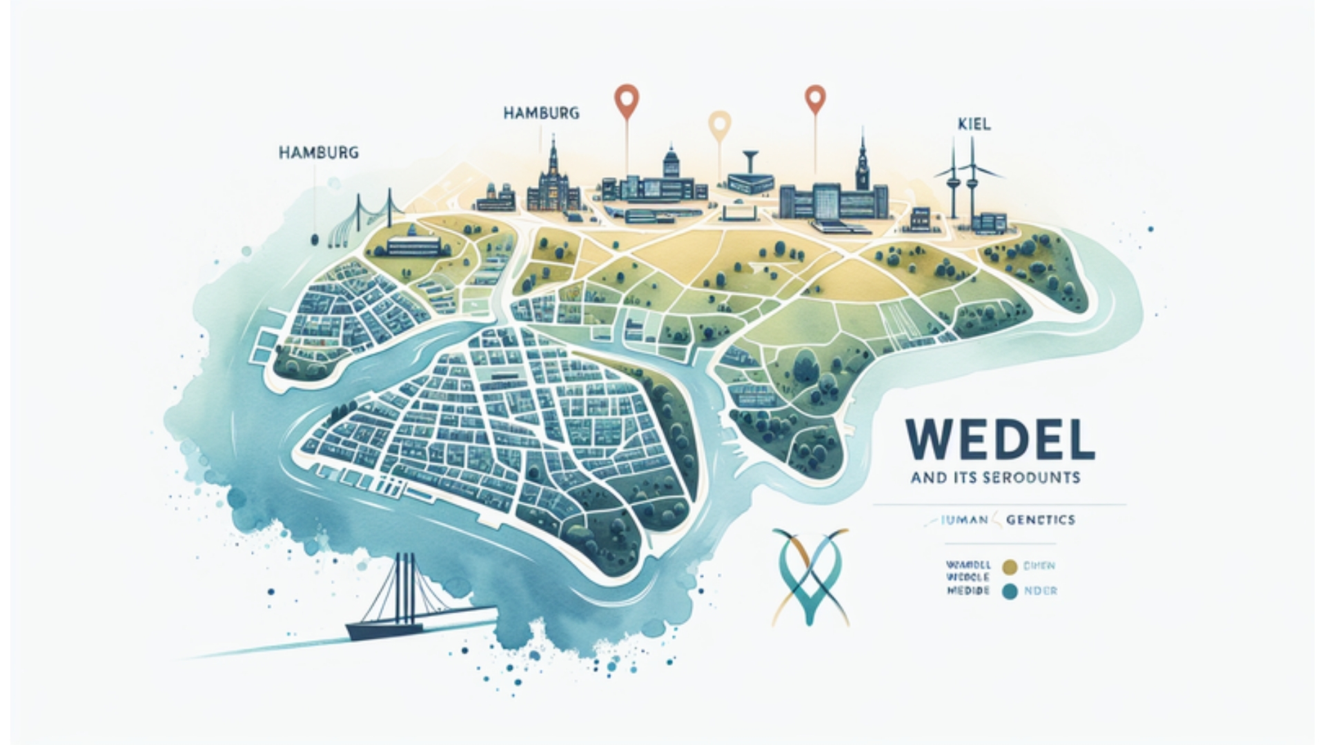 Karte von Wedel mit hervorgehobenen humangenetischen Einrichtungen in der Umgebung, illustriert im Aquarellstil.