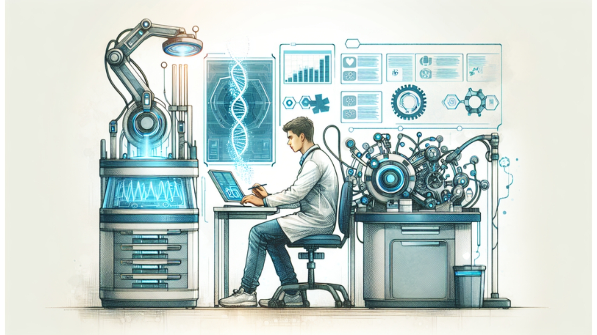 Modernes medizinisches Labor mit fortschrittlicher Technologie in Wedel, illustriert im Wasserfarbenstil.