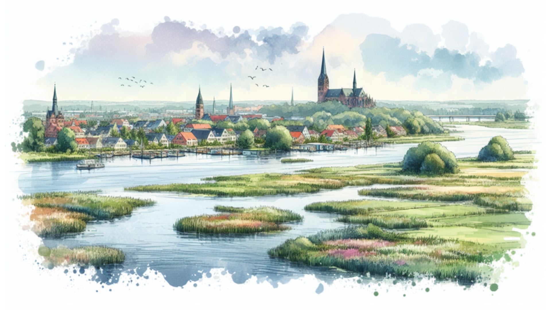 Aquarellbild von Wedel an der Elbe mit Marschland und Wedeler Au, im Hintergrund Hamburg angedeutet.