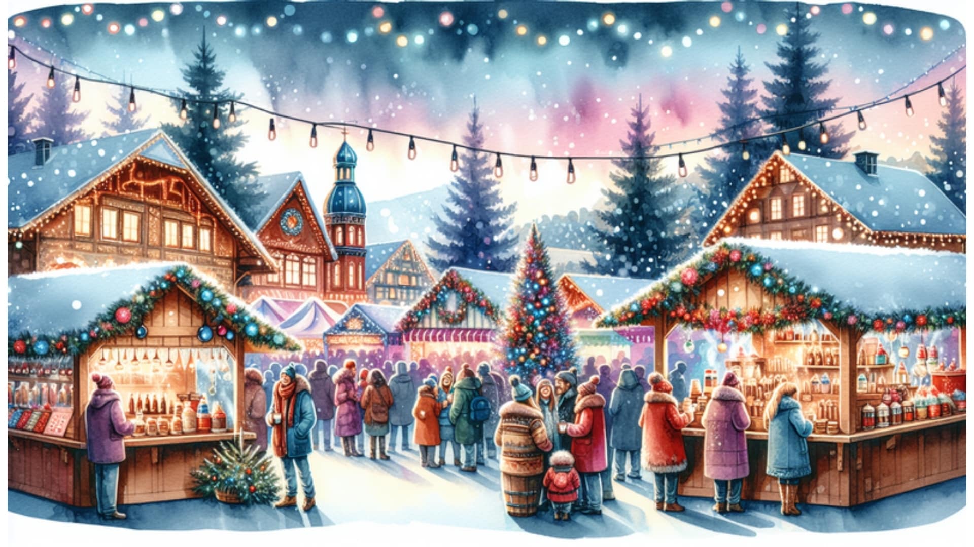 Weihnachtsmarkt in Wedel mit handgefertigten Ständen, beleuchtetem Kunsthandwerk und einer regionalen Musikgruppe, dargestellt in Aquarellstil.