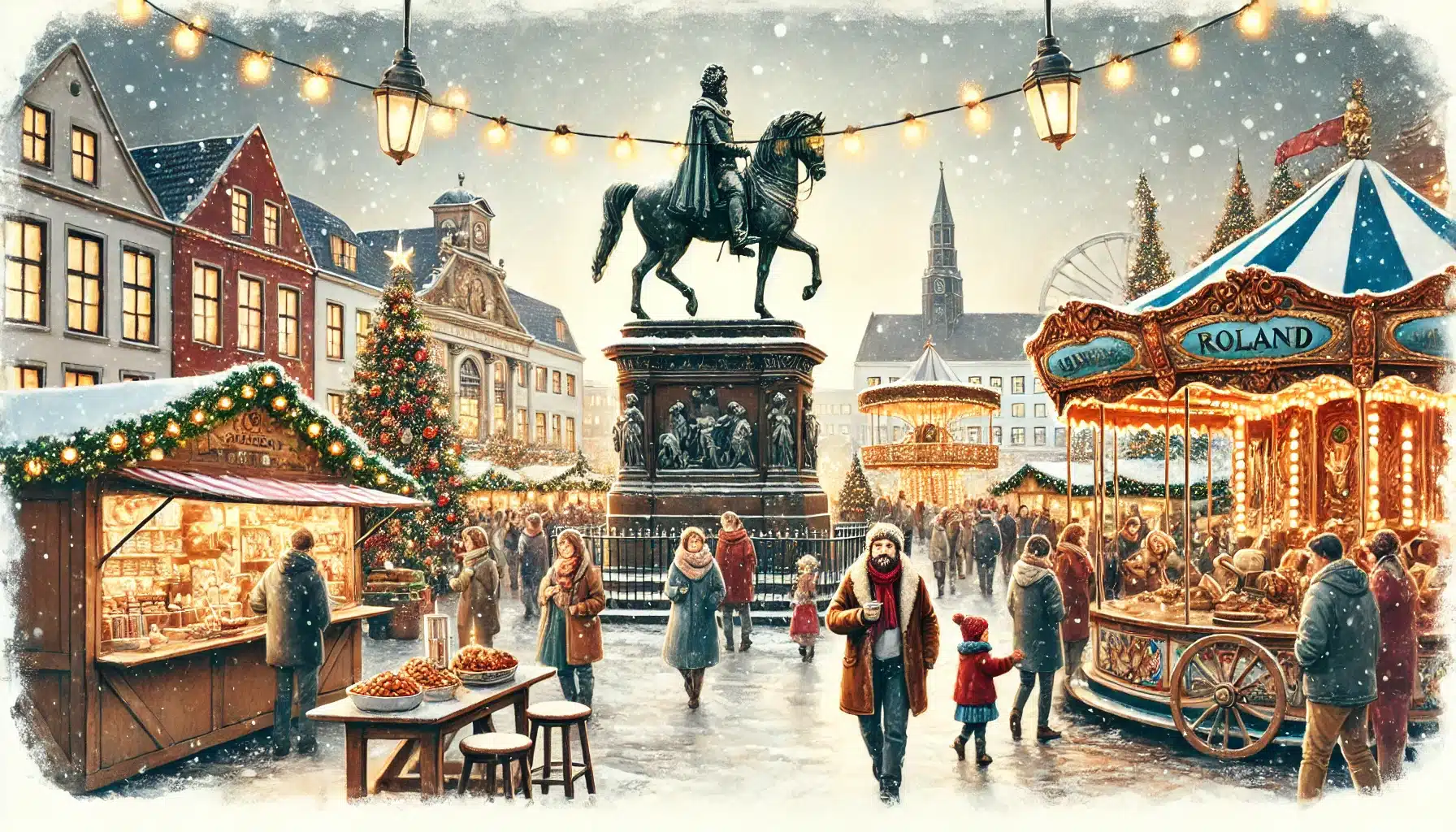 Weihnachtsmarkt in Wedel mit der historischen Roland-Statue im Mittelpunkt, umgeben von Lichtern und festlich dekorierten Ständen.